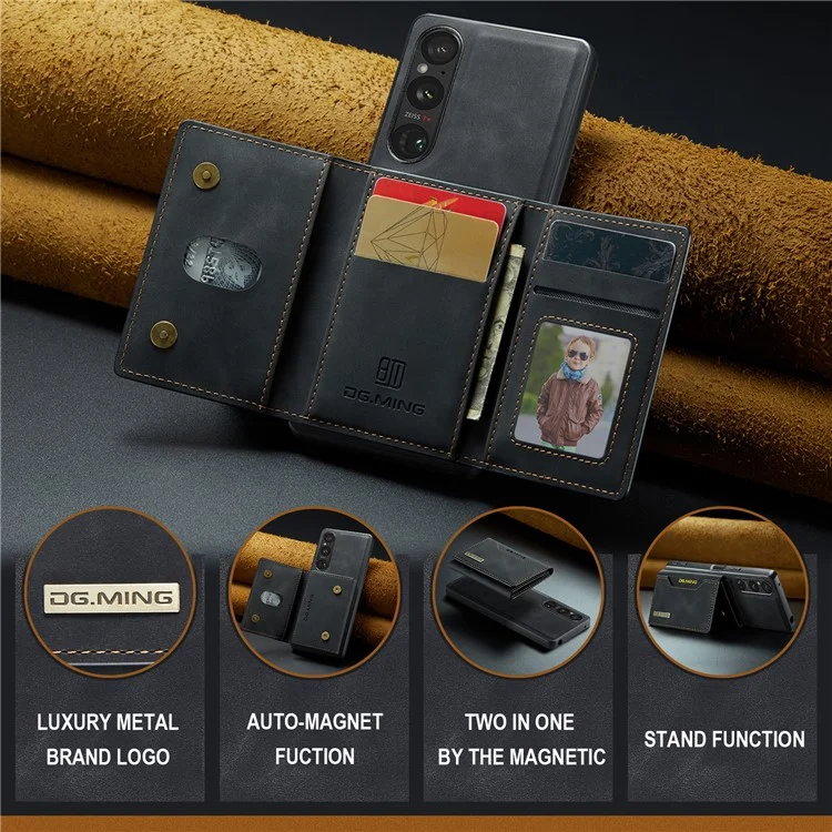 DG.MING M2 Series for Sony Xperia 1 VI Case PU+PC+TPU Phone Cover Detachable Wallet - Black