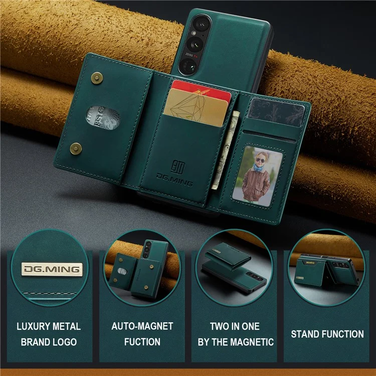 DG.MING M2 Serie para Sony Xperia 1 VI Funda de teléfono de PU+PC+TPU con billetera desmontable - Verde