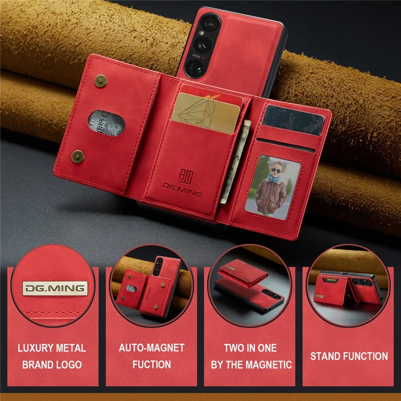 DG.MING M2 Series for Sony Xperia 1 VI Case PU+PC+TPU Phone Cover Detachable Wallet - Red