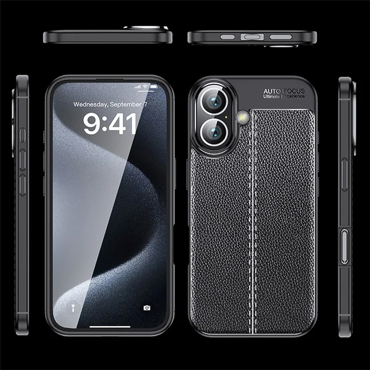Per iPhone 16 Case Litchi Texture Back TPU Phone Cover - Nero
