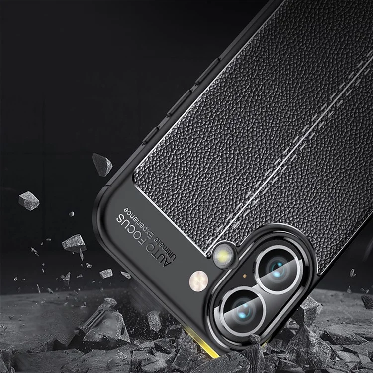 For iPhone 16 Plus Case Litchi Texture TPU Back Phone Cover - Black