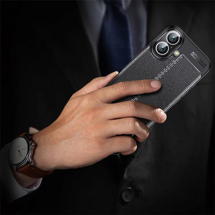 For iPhone 16 Plus Case Litchi Texture TPU Back Phone Cover - Black
