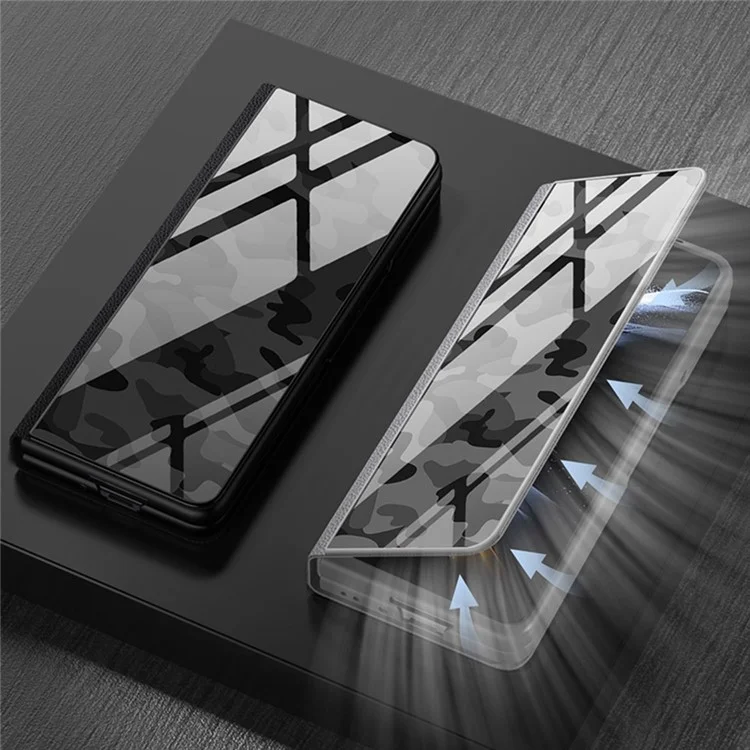 GKK For Samsung Galaxy Z Fold4 5G Stand Phone Case Splicing Tempered Glass + PU Leather + PC Folio Flip Cover - Carbon Fiber / Green