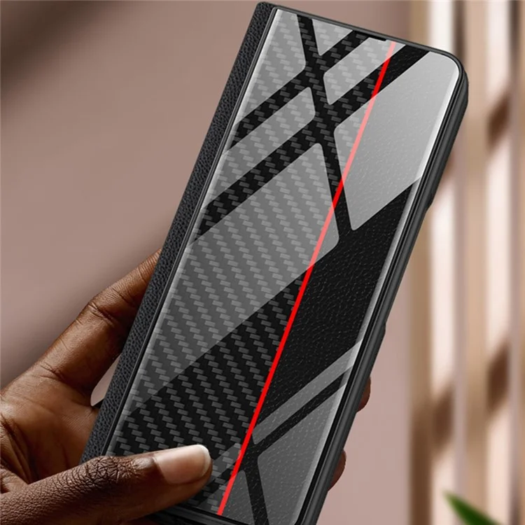 GKK For Samsung Galaxy Z Fold4 5G Stand Phone Case Splicing Tempered Glass + PU Leather + PC Folio Flip Cover - Carbon Fiber / Green
