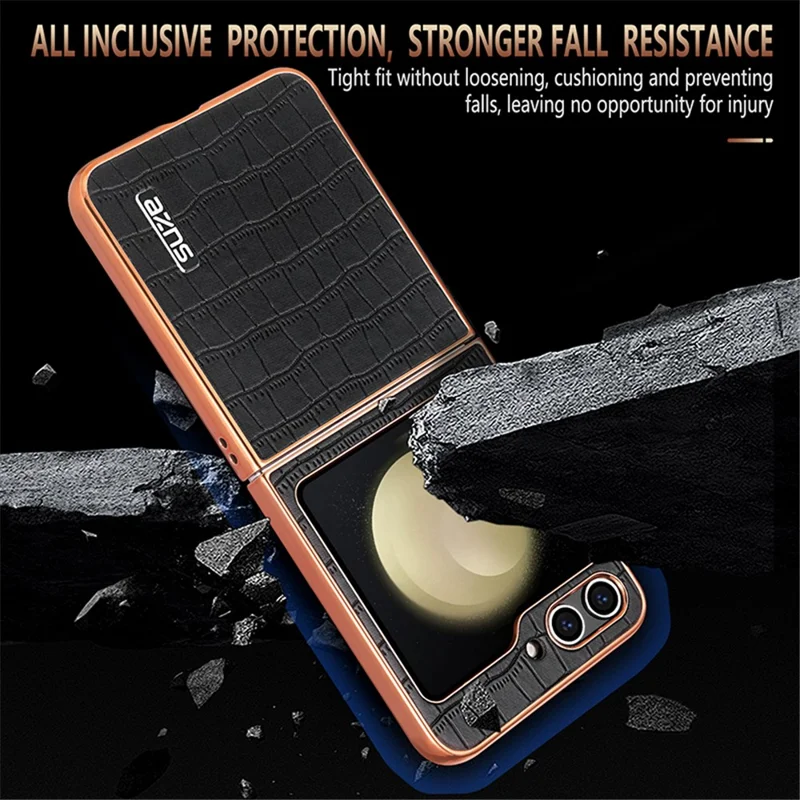 AZNS For Samsung Galaxy Z Flip7 FE 5G / Z Flip6 5G Case Crocodile Pattern PU Leather Phone Cover - Black