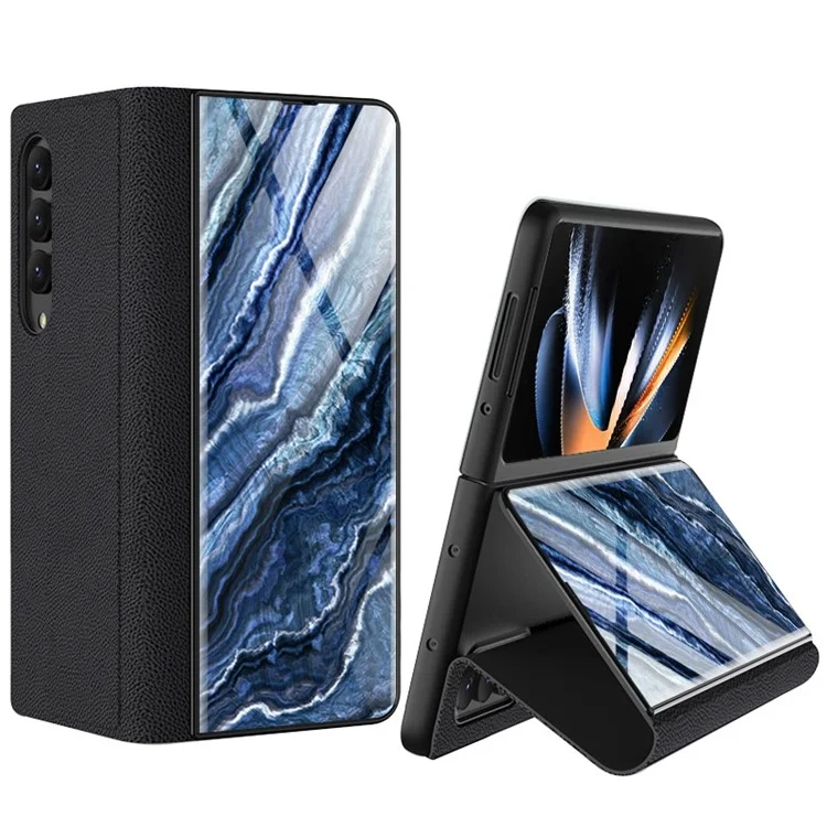 GKK For Samsung Galaxy Z Fold4 5G Marble Pattern Tempered Glass Cover Stand Full Protection PU Leather Phone Case - Marble Pattern 01