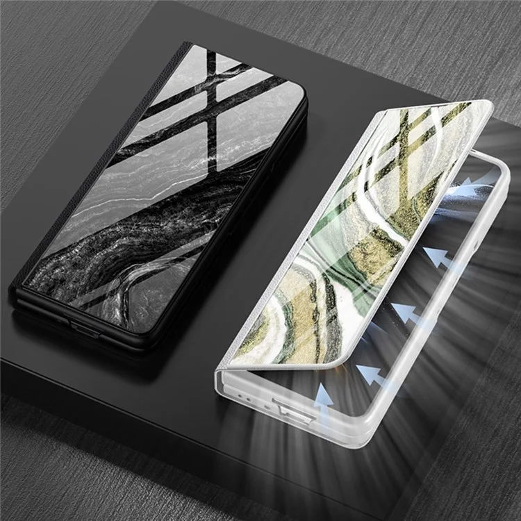 GKK For Samsung Galaxy Z Fold4 5G Marble Pattern Tempered Glass Cover Stand Full Protection PU Leather Phone Case - Marble Pattern 01