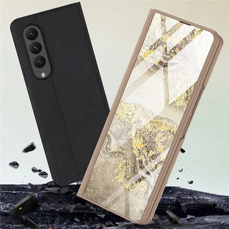 GKK For Samsung Galaxy Z Fold4 5G Marble Pattern Tempered Glass Cover Stand Full Protection PU Leather Phone Case - Marble Pattern 01