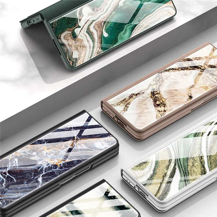 GKK For Samsung Galaxy Z Fold4 5G Marble Pattern Tempered Glass Cover Stand Full Protection PU Leather Phone Case - Marble Pattern 01