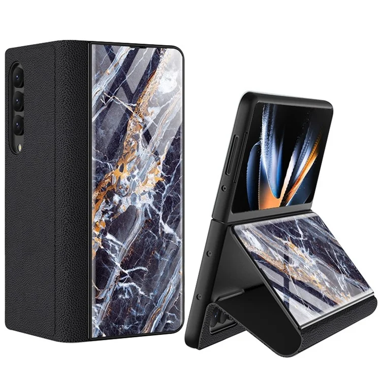 GKK For Samsung Galaxy Z Fold4 5G Marble Pattern Tempered Glass Cover Stand Full Protection PU Leather Phone Case - Marble Pattern 03