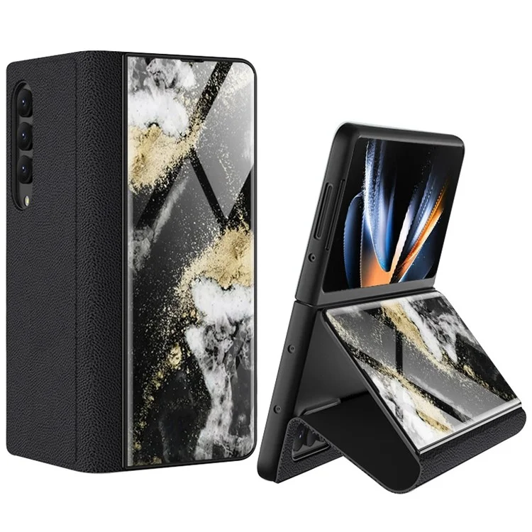 GKK For Samsung Galaxy Z Fold4 5G Marble Pattern Tempered Glass Cover Stand Full Protection PU Leather Phone Case - Marble Pattern 12