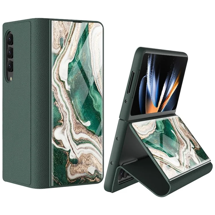 GKK For Samsung Galaxy Z Fold4 5G Marble Pattern Tempered Glass Cover Stand Full Protection PU Leather Phone Case - Marble Pattern 04