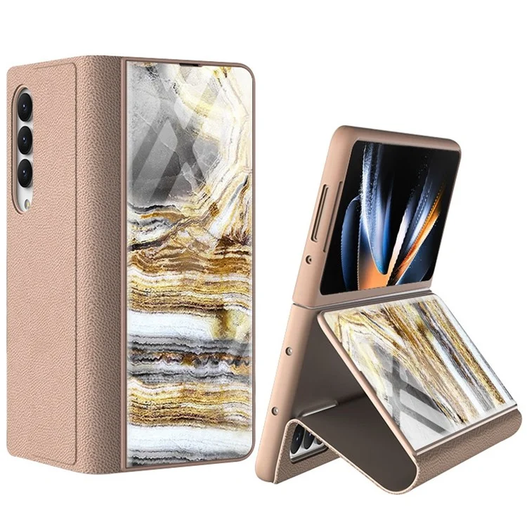 GKK For Samsung Galaxy Z Fold4 5G Marble Pattern Tempered Glass Cover Stand Full Protection PU Leather Phone Case - Marble Pattern 05