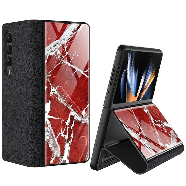 GKK For Samsung Galaxy Z Fold4 5G Marble Pattern Tempered Glass Cover Stand Full Protection PU Leather Phone Case - Marble Pattern 02