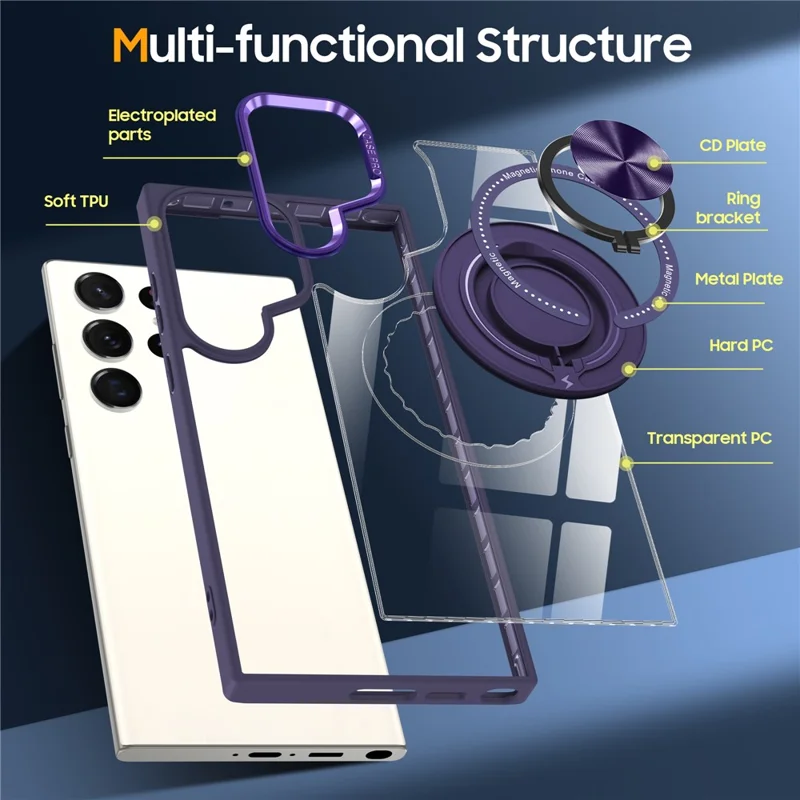 For Samsung Galaxy S24 Ultra Magnetic Case PC+TPU Kickstand Phone Cover - Dark Purple