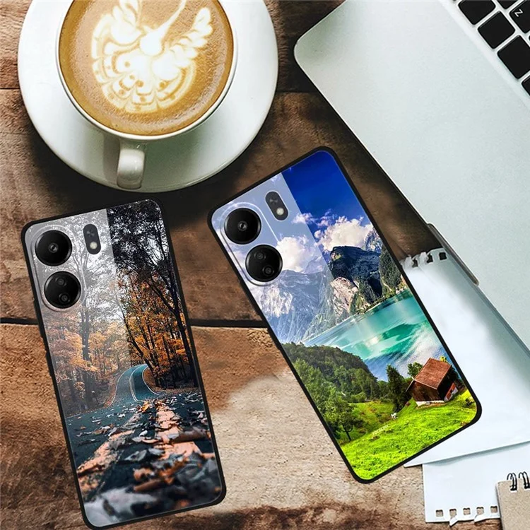 Para Xiaomi Redmi 13C 4G / Poco C65 4G Case Pattern Tempered Glass Anti-Drop Phone Cover - Snow Mountain