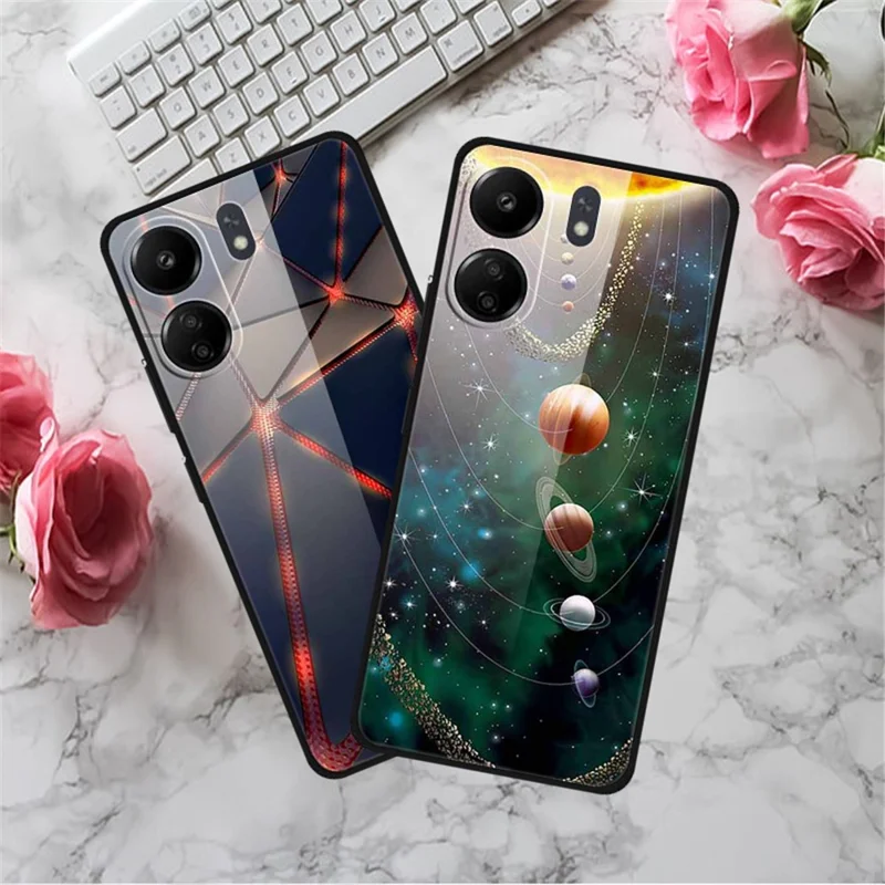 For Xiaomi Redmi 13C 4G / Poco C65 4G Case Pattern Tempered Glass Anti-Drop Phone Cover - Planet