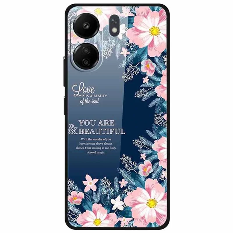 For Xiaomi Redmi 13C 4G / Poco C65 4G Case Anti-Scratch Tempered Glass Pattern Phone Cover - Artistic Flowers