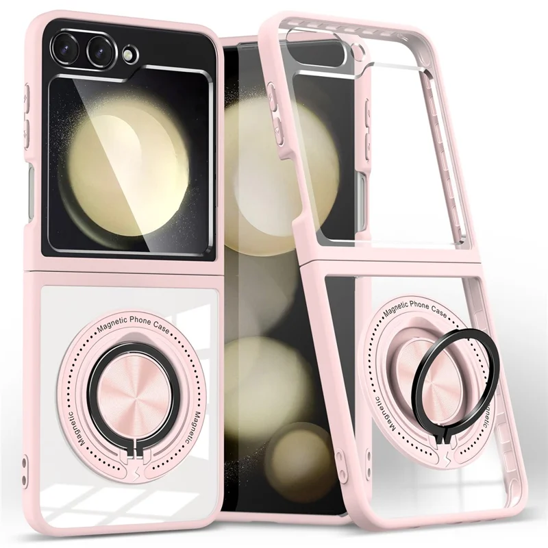 For Samsung Galaxy Z Flip7 FE 5G / Z Flip6 5G Magnetic Case TPU Frame Clear PC Back Kickstand Phone Cover - Pink