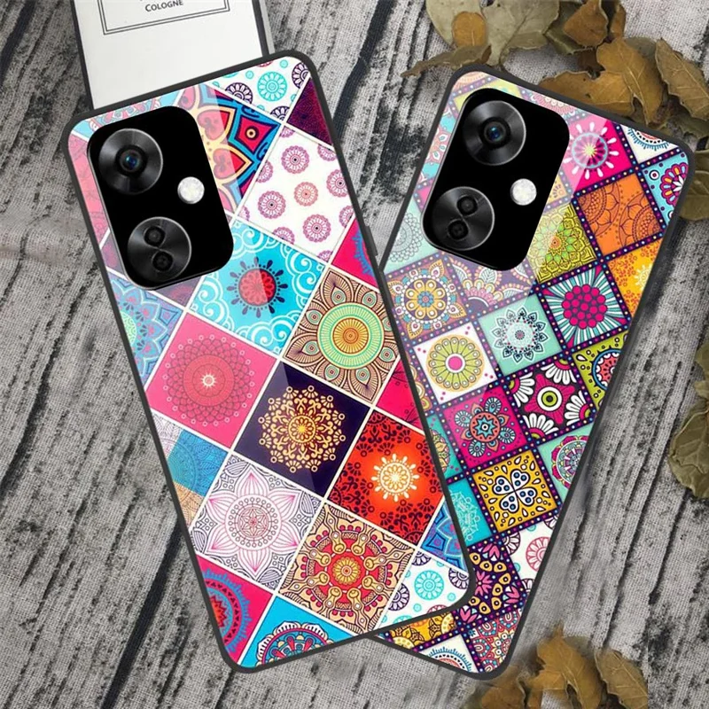 For OnePlus Nord CE3 5G Pattern Case TPU Tempered Glass Shockproof Phone Cover - Colorful Flower Tile Pattern