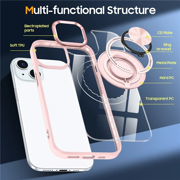 For iPhone 14 Plus Case Magnetic Kickstand TPU Frame Hard PC Clear Phone Cover - Pink