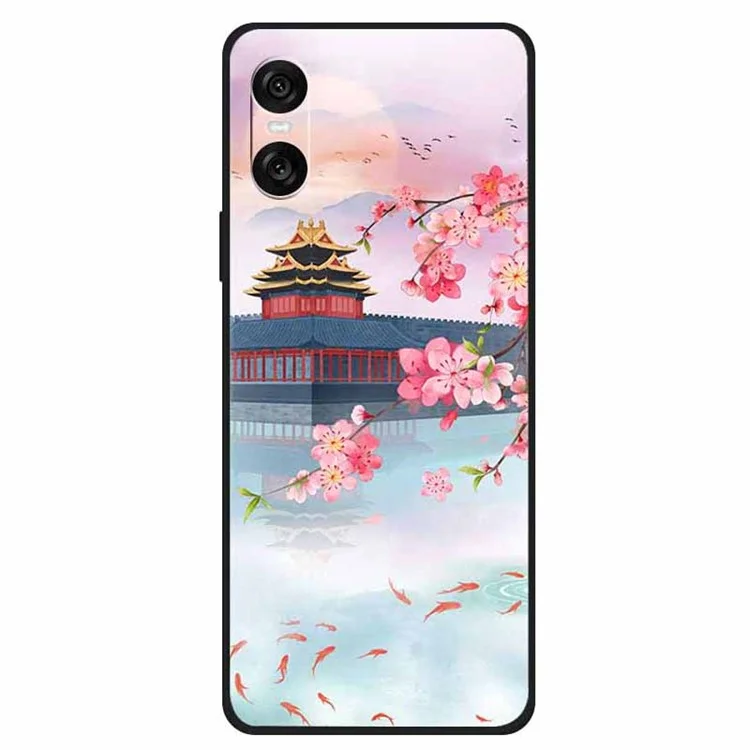For Sony Xperia 10 VI Case Unique Pattern Printed TPU Anti-drop Cell Phone Cover - Ancient Tower and Fish