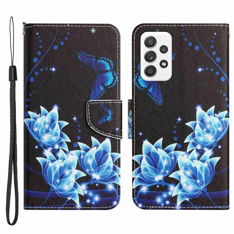 Stand Wallet Case for Samsung Galaxy A53 5G, Cross Texture PU Leather Pattern Printing Folio Flip Phone Cover - Blue Butterfly