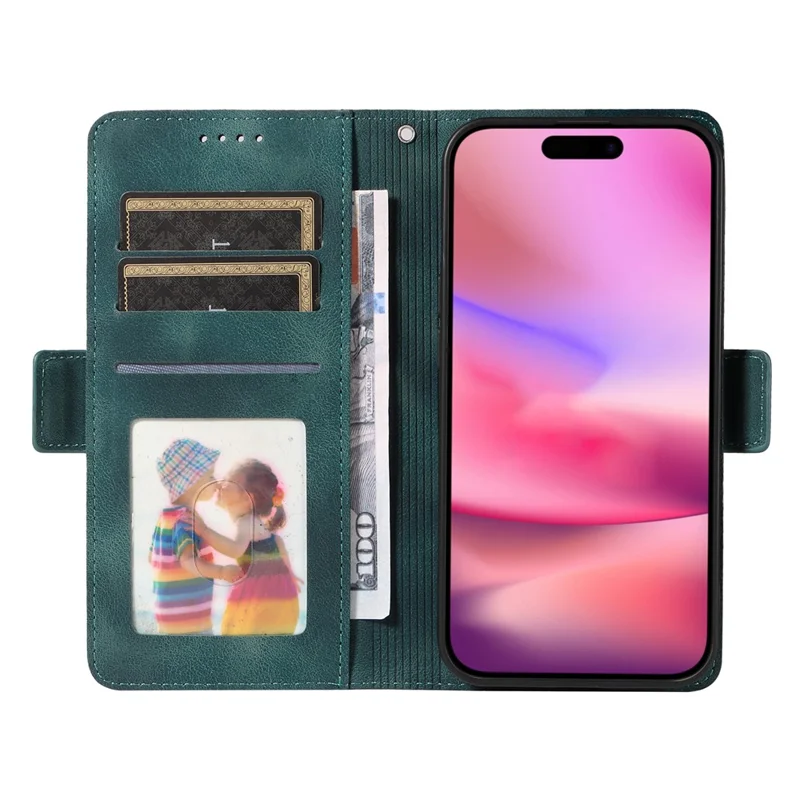 For iPhone 16 Leather Cases Wallet Rhombus Imprinted Phone Cover Stand with Strap - Green