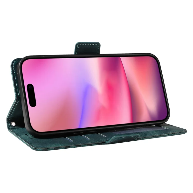 For iPhone 16 Leather Cases Wallet Rhombus Imprinted Phone Cover Stand with Strap - Green