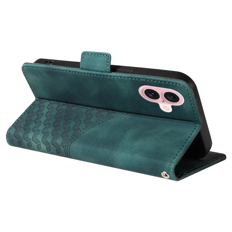 For iPhone 16 Leather Cases Wallet Rhombus Imprinted Phone Cover Stand with Strap - Green