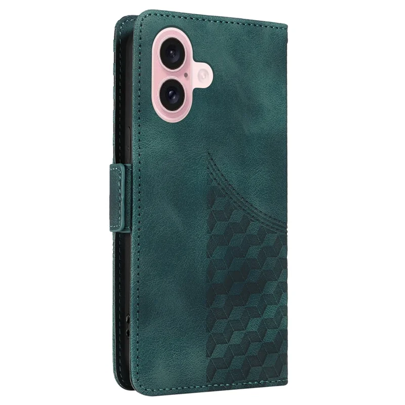For iPhone 16 Leather Cases Wallet Rhombus Imprinted Phone Cover Stand with Strap - Green
