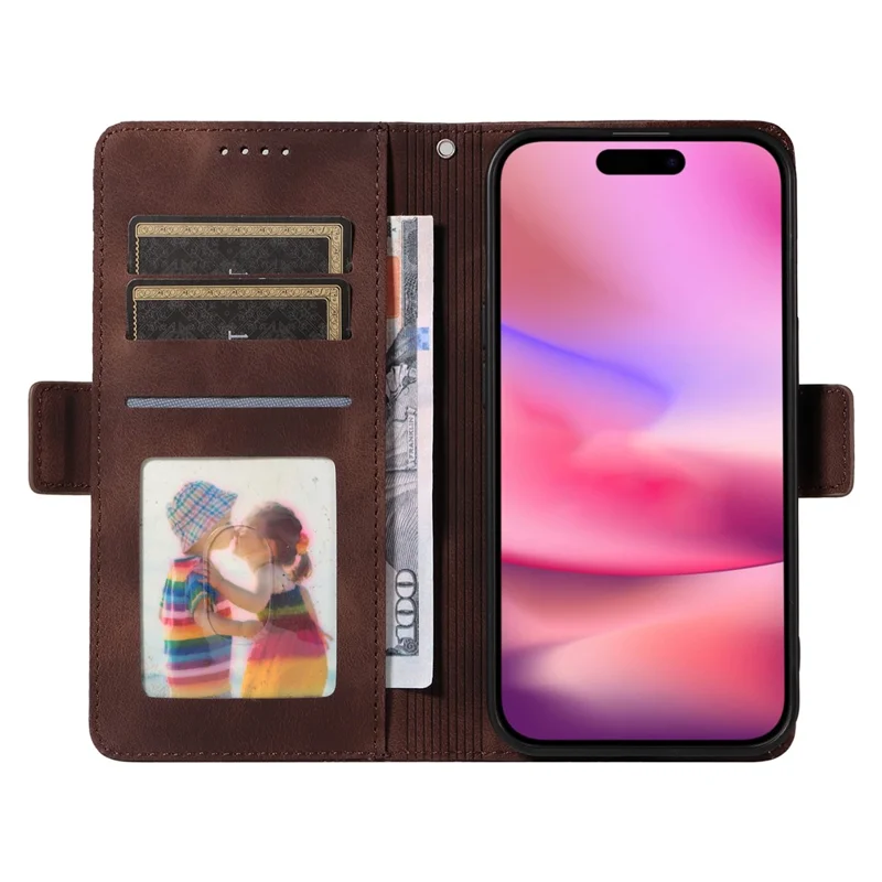 For iPhone 16 Leather Cases Wallet Rhombus Imprinted Phone Cover Stand with Strap - Brown
