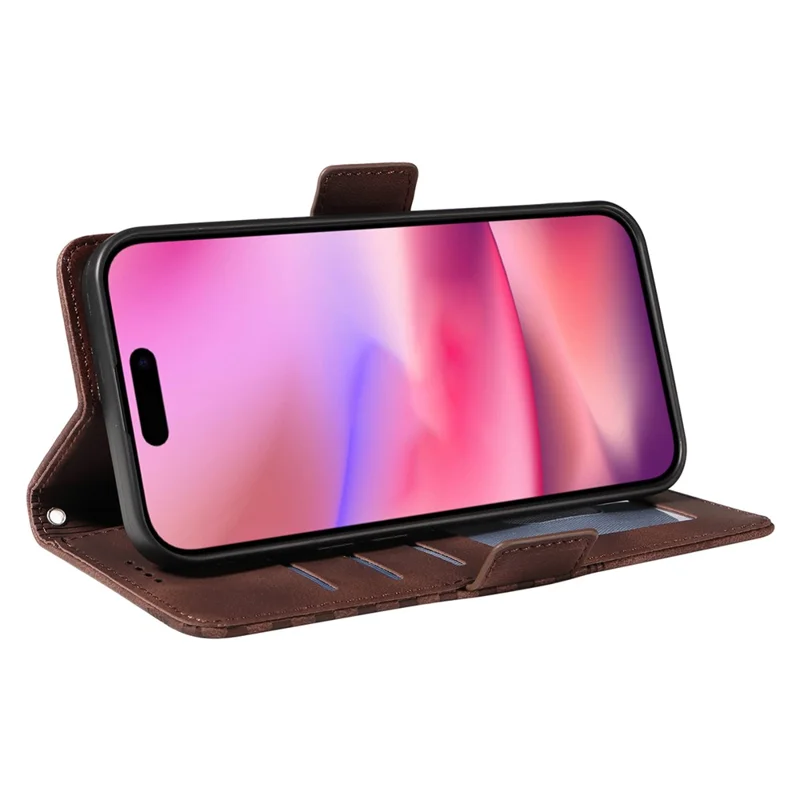 For iPhone 16 Leather Cases Wallet Rhombus Imprinted Phone Cover Stand with Strap - Brown