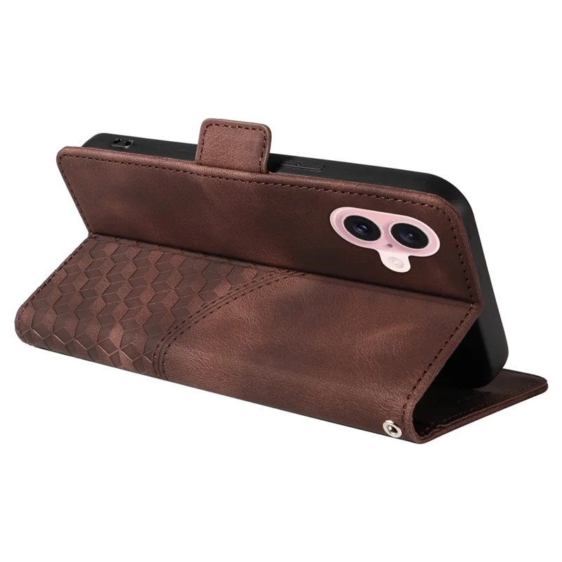 For iPhone 16 Leather Cases Wallet Rhombus Imprinted Phone Cover Stand with Strap - Brown