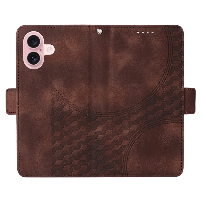 For iPhone 16 Leather Cases Wallet Rhombus Imprinted Phone Cover Stand with Strap - Brown