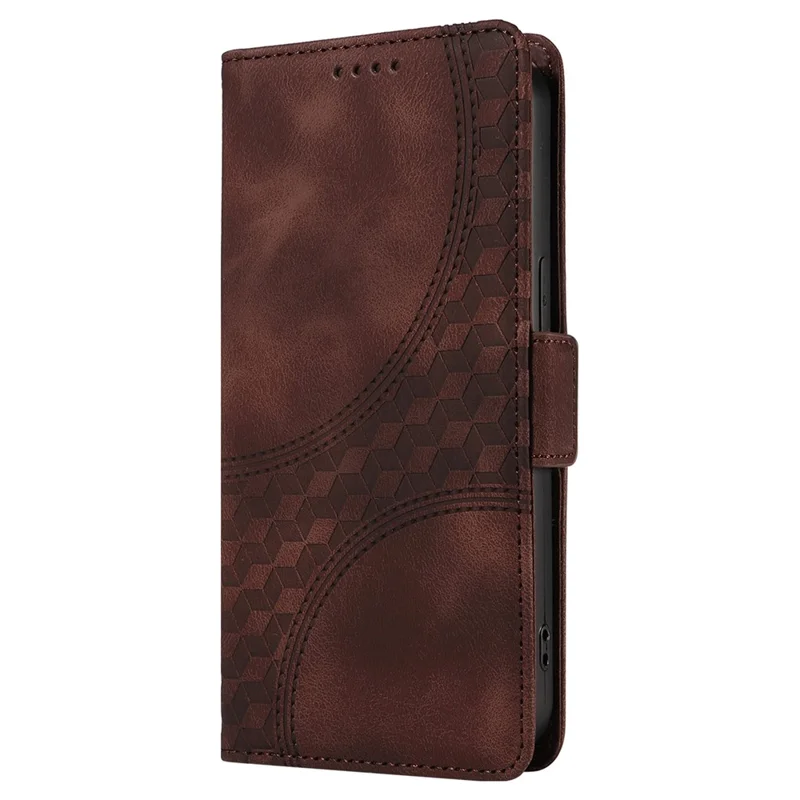 For iPhone 16 Leather Cases Wallet Rhombus Imprinted Phone Cover Stand with Strap - Brown