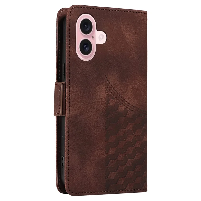For iPhone 16 Leather Cases Wallet Rhombus Imprinted Phone Cover Stand with Strap - Brown