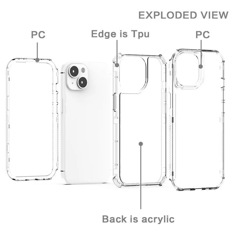 For iPhone 15 Case Hybrid Acrylic+TPU 3-in-1 Transparent Phone Cover