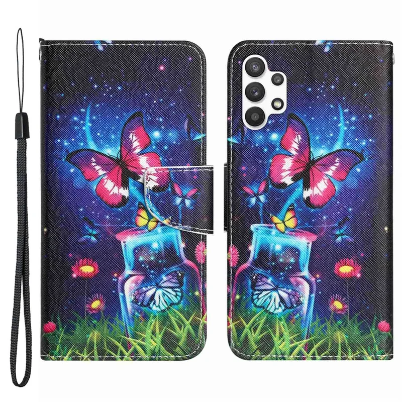For Samsung Galaxy A13 4G / 5G / A04s 4G (164.7mm) Phone Case Pattern Printing PU Leather Wallet Cover with Stand - Bottle / Butterfly