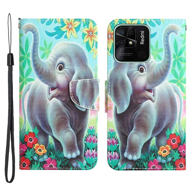 Anti-scratch Stand Phone Case for Xiaomi Redmi 10C 4G, Cross Texture Pattern Printing PU Leather Wallet Cover - Elephant