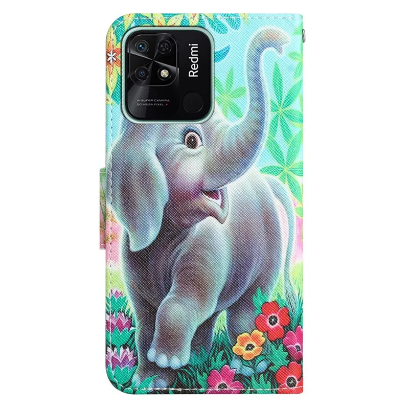 Anti-scratch Stand Phone Case for Xiaomi Redmi 10C 4G, Cross Texture Pattern Printing PU Leather Wallet Cover - Elephant