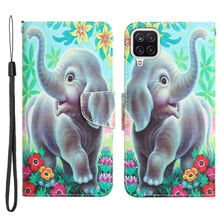 For Samsung Galaxy A12 Cross Texture Full Protection Stand Wallet Case Pattern Printing PU Leather Phone Cover - Elephant