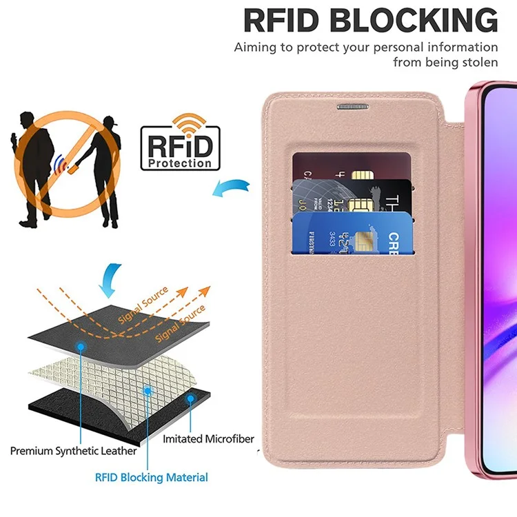 Per Samsung Galaxy A05 4G Custodia Magnetica RFID Blocking Card Holder in Pelle PU Cover per Telefono - Rosa