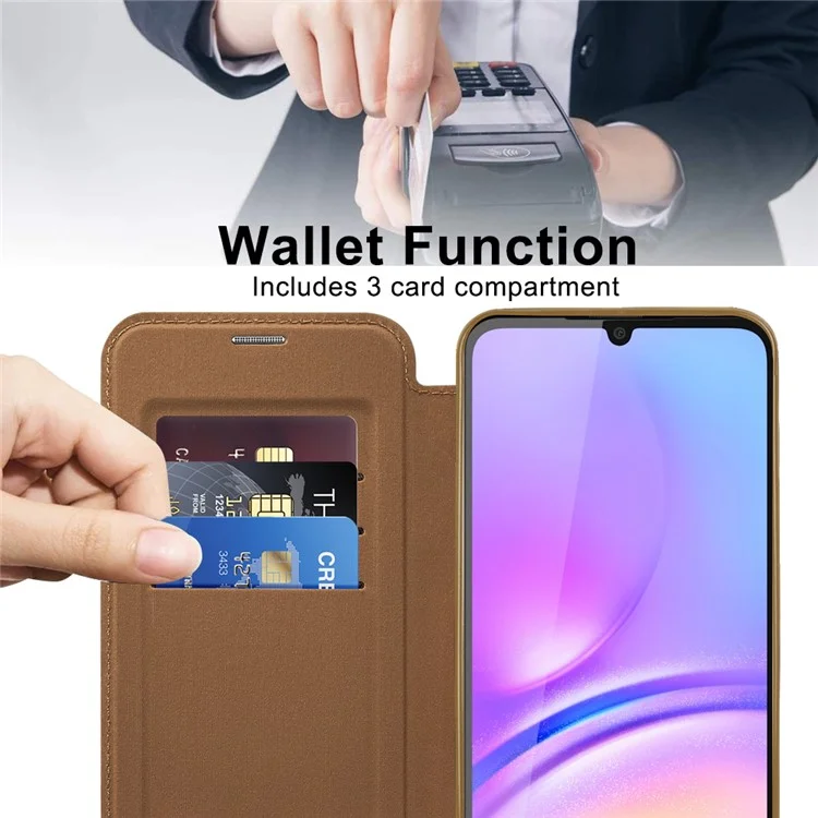 Para o Samsung Galaxy A05s 4G Case Card Slots Anti-Drop Leather Phone Cover Compatible with MagSafe - Brown