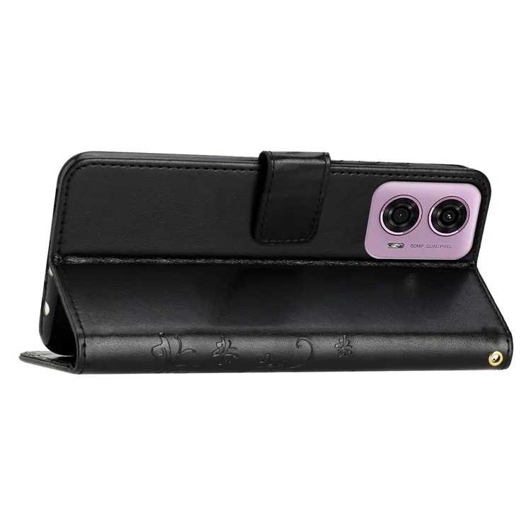 Für Motorola Edge (2024) 5G-Telefon-Lederhülle - Schmetterling-Blumen-Muster - Schwarz