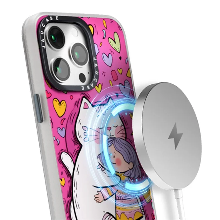 JAUCASE Für iPhone 15 Pro Hülle kompatibel mit MagSafe PC+TPU Handyhülle Cartoon Katze - Rosa