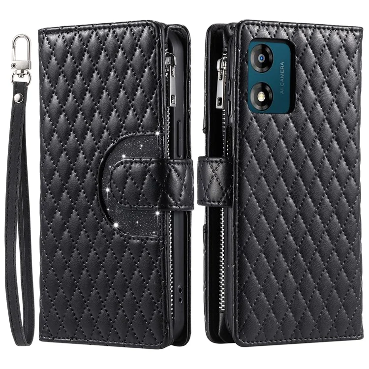 Стиль 013 для Motorola Moto E14 4G / G04 4G / G04s 4G / G24 4G Чехол Rhombus Leather Zipper Phone Cover - Черный