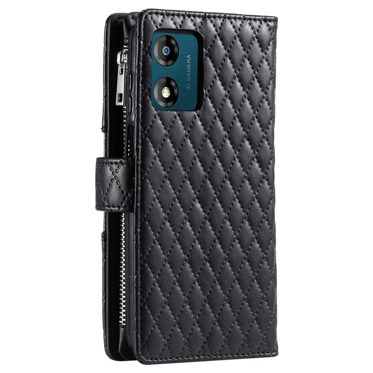 Стиль 013 для Motorola Moto E14 4G / G04 4G / G04s 4G / G24 4G Чехол Rhombus Leather Zipper Phone Cover - Черный