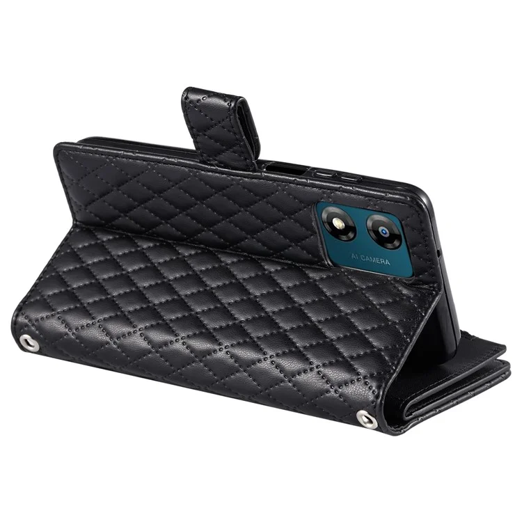 Стиль 013 для Motorola Moto E14 4G / G04 4G / G04s 4G / G24 4G Чехол Rhombus Leather Zipper Phone Cover - Черный