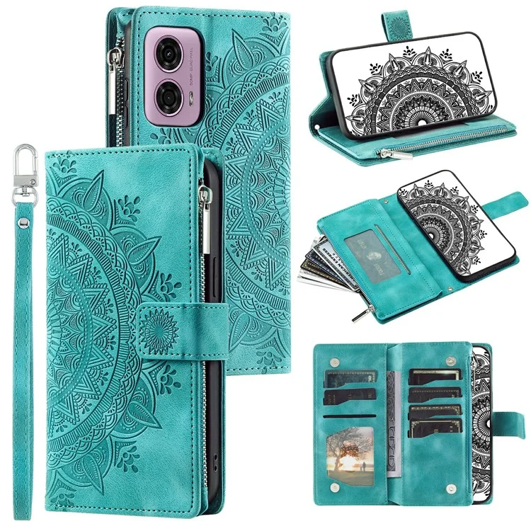 Style 006 For Motorola Moto G85 5G / S50 Neo 5G Case Zipper Pocket Leather Phone Bag Cover Mandala Flower - Mint Green